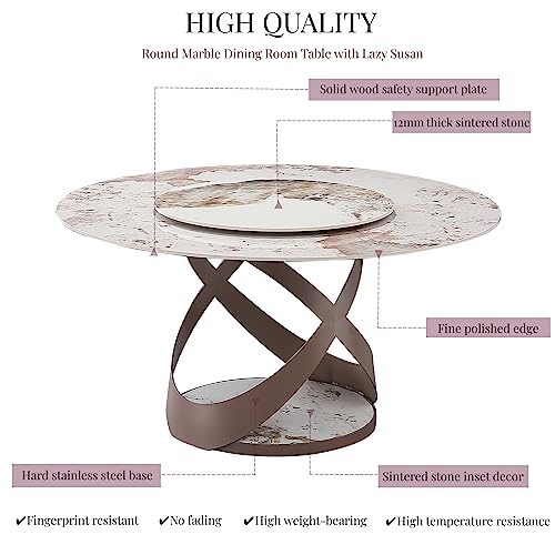 Montary 7 Piece Dining Table Set, Modern Dining Table Set of 6, Round 59" D Faux Marble Dining Table with Lazy Susan, Sintered Stone Dining Table with 6 Dining Chairs, for Dining Room