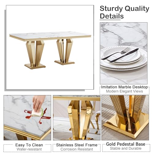 9 Piece Marble Dining Table Set for 8, Luxury Gold Kitchen Table and Chairs Set of 8, 70" White Marble Pedestal Dining Room Table with 8 PU Leather Chairs for Home Kitchen Furniture