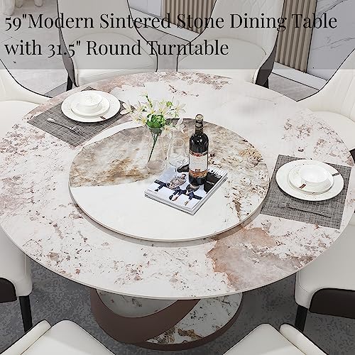 Montary 7 Piece Dining Table Set, Modern Dining Table Set of 6, Round 59" D Faux Marble Dining Table with Lazy Susan, Sintered Stone Dining Table with 6 Dining Chairs, for Dining Room