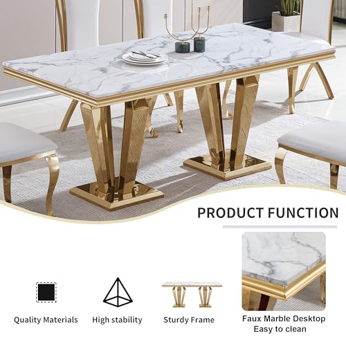 9 Piece Marble Dining Table Set for 8, Luxury Gold Kitchen Table and Chairs Set of 8, 70" White Marble Pedestal Dining Room Table with 8 PU Leather Chairs for Home Kitchen Furniture