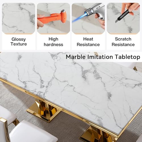 9 Piece Marble Dining Table Set for 8, Luxury Gold Kitchen Table and Chairs Set of 8, 70" White Marble Pedestal Dining Room Table with 8 PU Leather Chairs for Home Kitchen Furniture