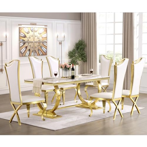 Anewsun Luxury Dining Table Set for 6, White and Gold Dining Room Set with Chairs, 7 Pieces Dining Set with U-Base Dining Table and 6 White Leather Upholstered Dining Chairs