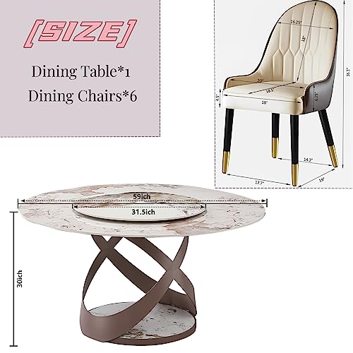 Montary 7 Piece Dining Table Set, Modern Dining Table Set of 6, Round 59" D Faux Marble Dining Table with Lazy Susan, Sintered Stone Dining Table with 6 Dining Chairs, for Dining Room