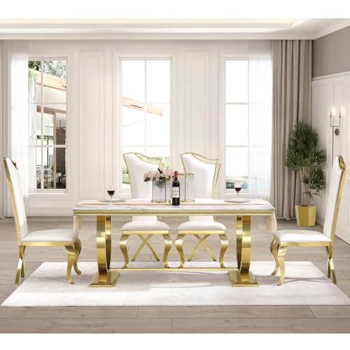 Anewsun Luxury Dining Table Set for 6, White and Gold Dining Room Set with Chairs, 7 Pieces Dining Set with U-Base Dining Table and 6 White Leather Upholstered Dining Chairs