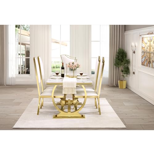 Anewsun Luxury Dining Table Set for 6, White and Gold Dining Room Set with Chairs, 7 Pieces Dining Set with U-Base Dining Table and 6 White Leather Upholstered Dining Chairs