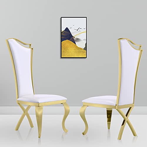 Anewsun Luxury Dining Table Set for 6, White and Gold Dining Room Set with Chairs, 7 Pieces Dining Set with U-Base Dining Table and 6 White Leather Upholstered Dining Chairs