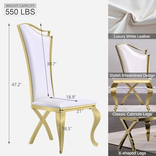 Anewsun Luxury Dining Table Set for 6, White and Gold Dining Room Set with Chairs, 7 Pieces Dining Set with U-Base Dining Table and 6 White Leather Upholstered Dining Chairs