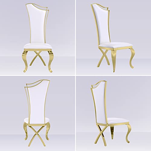 Anewsun Luxury Dining Table Set for 6, White and Gold Dining Room Set with Chairs, 7 Pieces Dining Set with U-Base Dining Table and 6 White Leather Upholstered Dining Chairs