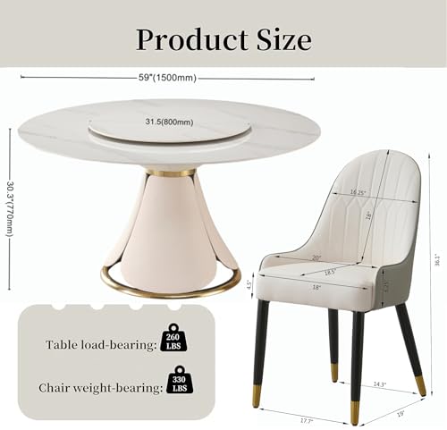 Runboll 59" Round Dining Table Set for 8 with Lazy Susan Modern Sintered Stone 9 Pieces Dining Room Table Set with 8 Chairs and 31.5" Round Turntable