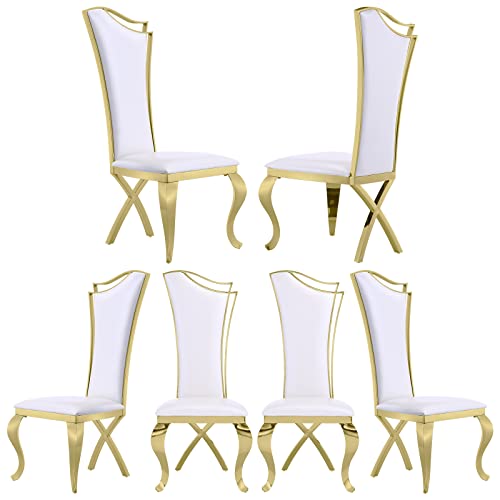 Anewsun Luxury Dining Table Set for 6, White and Gold Dining Room Set with Chairs, 7 Pieces Dining Set with U-Base Dining Table and 6 White Leather Upholstered Dining Chairs