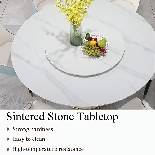 Runboll 59" Round Dining Table Set for 8 with Lazy Susan Modern Sintered Stone 9 Pieces Dining Room Table Set with 8 Chairs and 31.5" Round Turntable