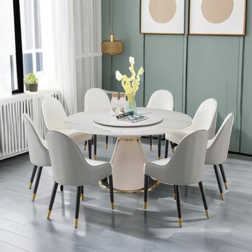 Runboll 59" Round Dining Table Set for 8 with Lazy Susan Modern Sintered Stone 9 Pieces Dining Room Table Set with 8 Chairs and 31.5" Round Turntable
