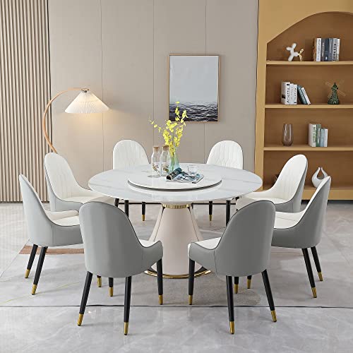 Runboll 59" Round Dining Table Set for 8 with Lazy Susan Modern Sintered Stone 9 Pieces Dining Room Table Set with 8 Chairs and 31.5" Round Turntable