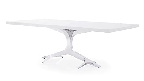 Zuri Furniture Modern Arbre Dining Table in White High Gloss Lacquer with Polished Stainless Steel Base