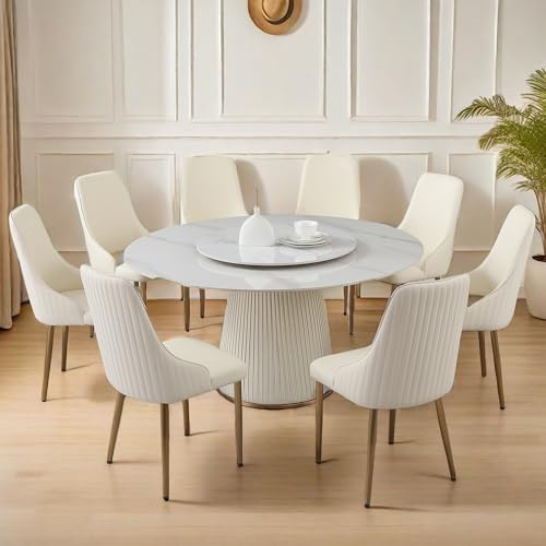 Montary 9 Piece Dining Table Set, Modern Dining Table Set of 8, Includes 59" D Marble Round Dining Table with Lazy Susan, 8 Cream White Dining Chairs for Home, Kitchen, Dining Room