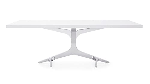 Zuri Furniture Modern Arbre Dining Table in White High Gloss Lacquer with Polished Stainless Steel Base