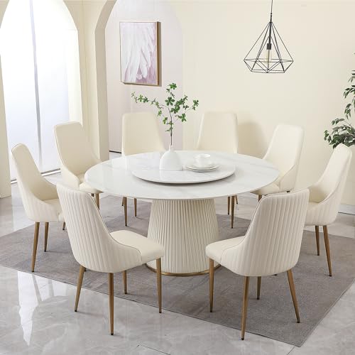 Leavader 9-Pcs Round Dining Room Table Set, Luxury Lazy Susan Dining Table Set of 8, Modern Sintered Stone Dining Table with Soft Outer-Skin Base, 59" D Faux Marble Dining Table Set for Home Kitchen