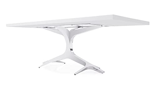 Zuri Furniture Modern Arbre Dining Table in White High Gloss Lacquer with Polished Stainless Steel Base