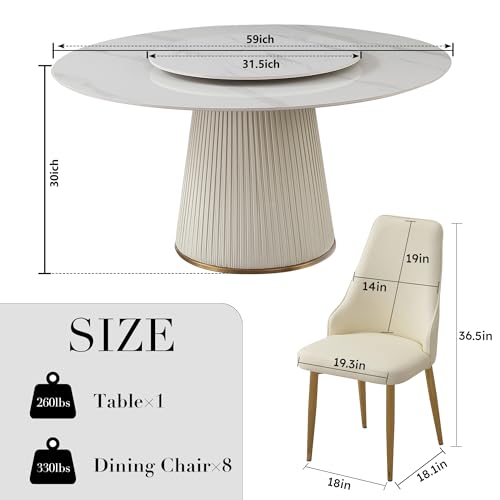 Leavader 9-Pcs Round Dining Room Table Set, Luxury Lazy Susan Dining Table Set of 8, Modern Sintered Stone Dining Table with Soft Outer-Skin Base, 59" D Faux Marble Dining Table Set for Home Kitchen