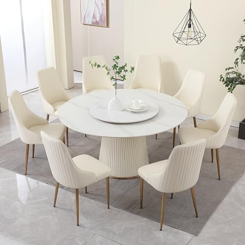Montary 9 Piece Dining Table Set, Modern Dining Table Set of 8, Includes 59" D Marble Round Dining Table with Lazy Susan, 8 Cream White Dining Chairs for Home, Kitchen, Dining Room