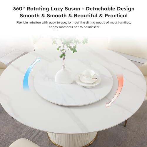Leavader 9-Pcs Round Dining Room Table Set, Luxury Lazy Susan Dining Table Set of 8, Modern Sintered Stone Dining Table with Soft Outer-Skin Base, 59" D Faux Marble Dining Table Set for Home Kitchen