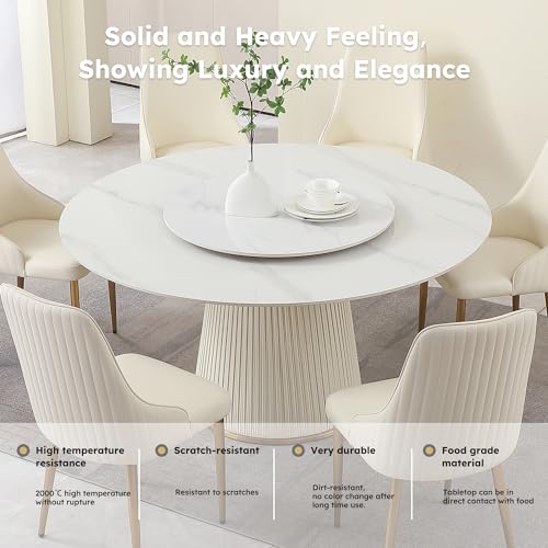 Leavader 9-Pcs Round Dining Room Table Set, Luxury Lazy Susan Dining Table Set of 8, Modern Sintered Stone Dining Table with Soft Outer-Skin Base, 59" D Faux Marble Dining Table Set for Home Kitchen
