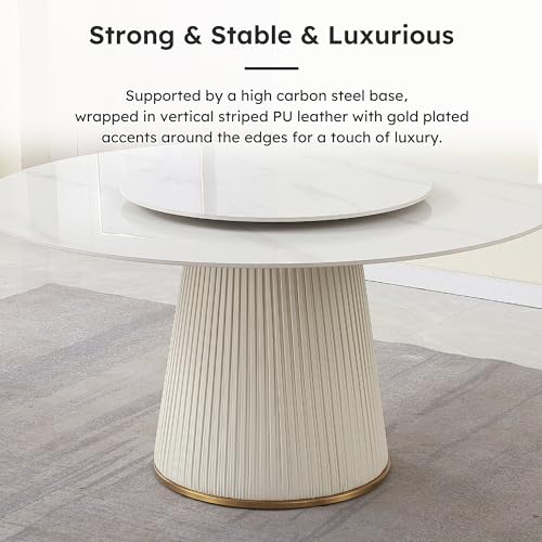 Leavader 9-Pcs Round Dining Room Table Set, Luxury Lazy Susan Dining Table Set of 8, Modern Sintered Stone Dining Table with Soft Outer-Skin Base, 59" D Faux Marble Dining Table Set for Home Kitchen
