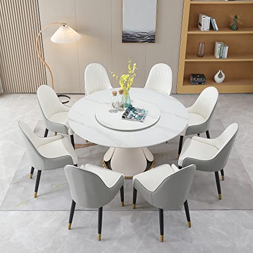 Wohh Round Marble Dining Table Set for 6-8, Kitchen Table Dining Room Table Set Petal Pu Leather & Metal Base (1 Table and 8 Grey Chairs)