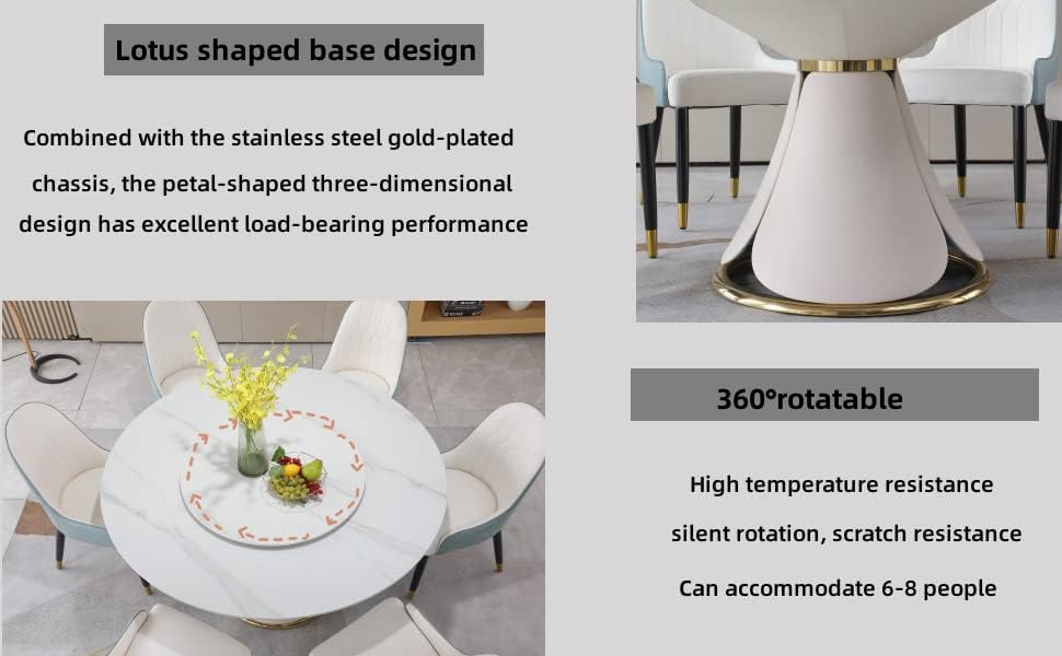 Wohh Round Marble Dining Table Set for 6-8, Kitchen Table Dining Room Table Set Petal Pu Leather & Metal Base (1 Table and 8 Grey Chairs)