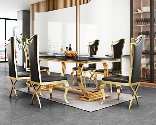 70" Luxury Marble Dining Table Set for 6, Modern Kitchen Table with Gold Stainless Steel Pedestal Table, Faux Marble Dining Room Table with 6 Black Leather Dining Chairs, 7 Piece Dining Table Set