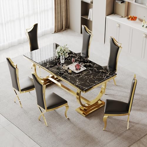 70" Luxury Marble Dining Table Set for 6, Modern Kitchen Table with Gold Stainless Steel Pedestal Table, Faux Marble Dining Room Table with 6 Black Leather Dining Chairs, 7 Piece Dining Table Set