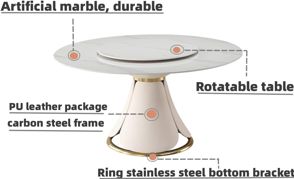 Wohh Round Marble Dining Table Set for 6-8, Kitchen Table Dining Room Table Set Petal Pu Leather & Metal Base (1 Table and 8 Grey Chairs)