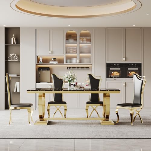 70" Luxury Marble Dining Table Set for 6, Modern Kitchen Table with Gold Stainless Steel Pedestal Table, Faux Marble Dining Room Table with 6 Black Leather Dining Chairs, 7 Piece Dining Table Set