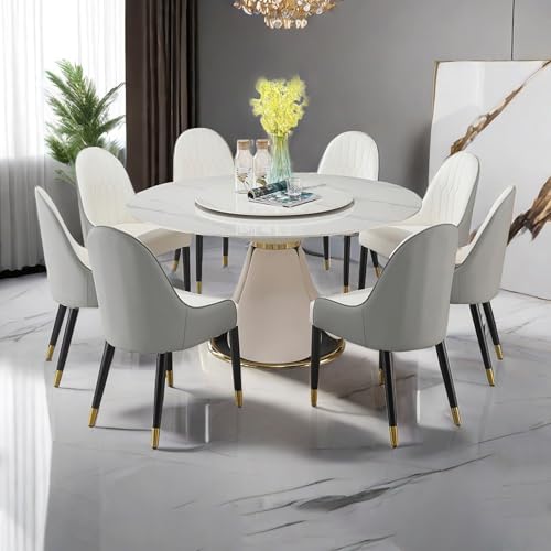 Montary 9 Piece Dining Table Set, Modern Dining Table Set of 8, White 59" D Faux Marble Dining Table with Lazy Susan, Sintered Stone Round Table with 8 Dining Chairs, for Dining Room
