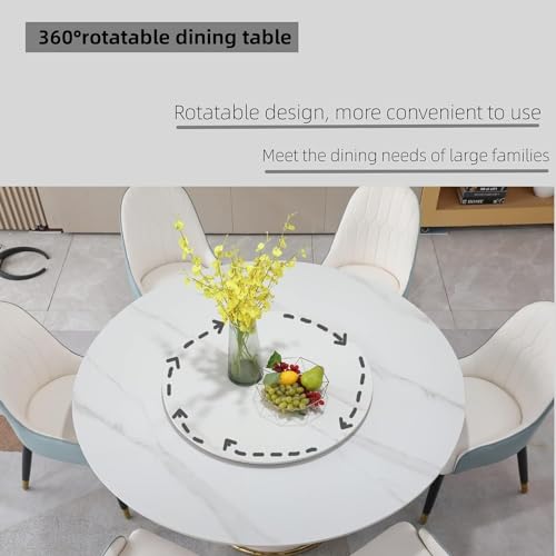 Wohh Round Marble Dining Table Set for 6-8, Kitchen Table Dining Room Table Set Petal Pu Leather & Metal Base (1 Table and 8 Grey Chairs)
