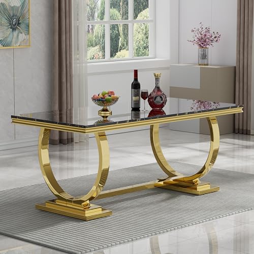 70" Luxury Marble Dining Table Set for 6, Modern Kitchen Table with Gold Stainless Steel Pedestal Table, Faux Marble Dining Room Table with 6 Black Leather Dining Chairs, 7 Piece Dining Table Set