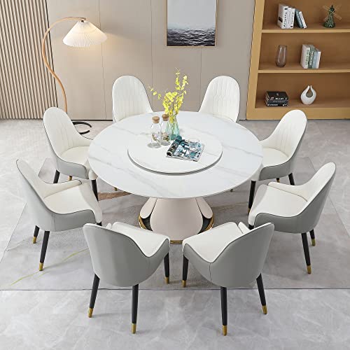 Montary 9 Piece Dining Table Set, Modern Dining Table Set of 8, White 59" D Faux Marble Dining Table with Lazy Susan, Sintered Stone Round Table with 8 Dining Chairs, for Dining Room