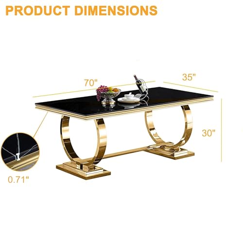 70" Luxury Marble Dining Table Set for 6, Modern Kitchen Table with Gold Stainless Steel Pedestal Table, Faux Marble Dining Room Table with 6 Black Leather Dining Chairs, 7 Piece Dining Table Set