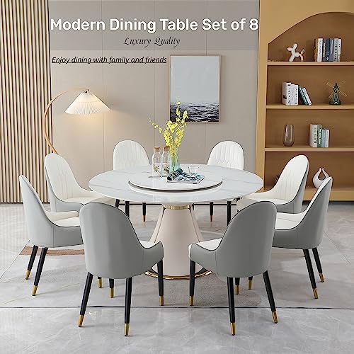 Montary 9 Piece Dining Table Set, Modern Dining Table Set of 8, White 59" D Faux Marble Dining Table with Lazy Susan, Sintered Stone Round Table with 8 Dining Chairs, for Dining Room