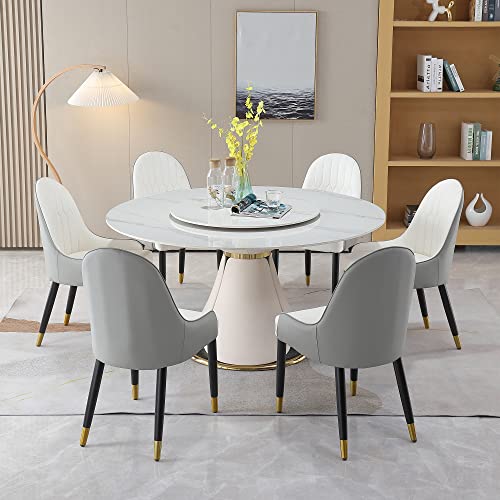 Wohh Round Marble Dining Table Set for 6-8, Kitchen Table Dining Room Table Set Petal Pu Leather & Metal Base (1 Table and 8 Grey Chairs)