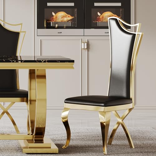 70" Luxury Marble Dining Table Set for 6, Modern Kitchen Table with Gold Stainless Steel Pedestal Table, Faux Marble Dining Room Table with 6 Black Leather Dining Chairs, 7 Piece Dining Table Set