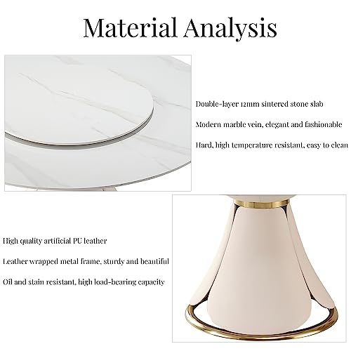 Montary 9 Piece Dining Table Set, Modern Dining Table Set of 8, White 59" D Faux Marble Dining Table with Lazy Susan, Sintered Stone Round Table with 8 Dining Chairs, for Dining Room