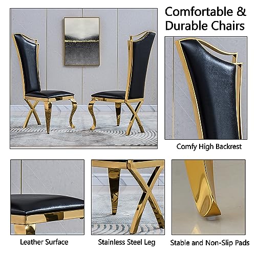 70" Luxury Marble Dining Table Set for 6, Modern Kitchen Table with Gold Stainless Steel Pedestal Table, Faux Marble Dining Room Table with 6 Black Leather Dining Chairs, 7 Piece Dining Table Set