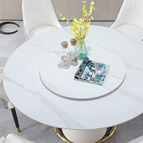 Montary 9 Piece Dining Table Set, Modern Dining Table Set of 8, White 59" D Faux Marble Dining Table with Lazy Susan, Sintered Stone Round Table with 8 Dining Chairs, for Dining Room