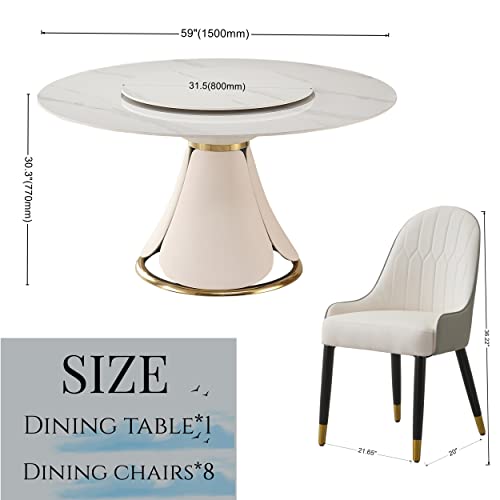 Montary 9 Piece Dining Table Set, Modern Dining Table Set of 8, White 59" D Faux Marble Dining Table with Lazy Susan, Sintered Stone Round Table with 8 Dining Chairs, for Dining Room