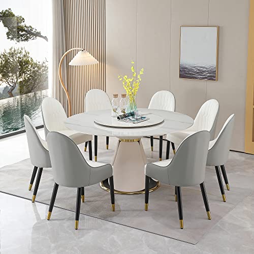 Montary 9 Piece Dining Table Set, Modern Dining Table Set of 8, White 59" D Faux Marble Dining Table with Lazy Susan, Sintered Stone Round Table with 8 Dining Chairs, for Dining Room