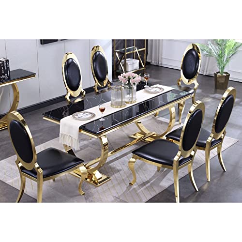 AUZ 7 Pieces Dining Table Set, Luxurious Gold Dining Table Set for 6, 72-inch Dining Table Set with 6 Black and Gold Dining Chairs