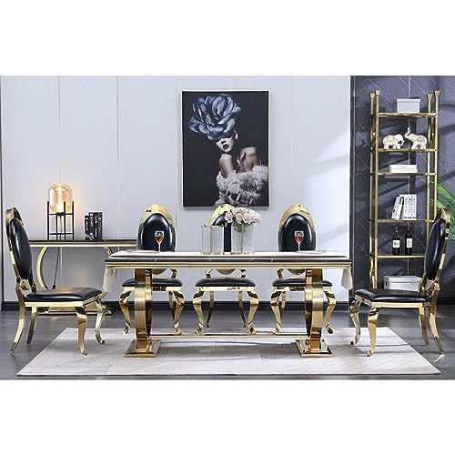AUZ 7 Pieces Dining Table Set, Luxurious Gold Dining Table Set for 6, 72-inch Dining Table Set with 6 Black and Gold Dining Chairs