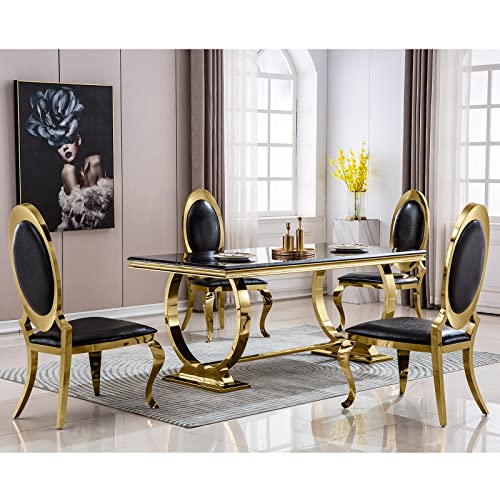 AUZ 7 Pieces Dining Table Set, Luxurious Gold Dining Table Set for 6, 72-inch Dining Table Set with 6 Black and Gold Dining Chairs