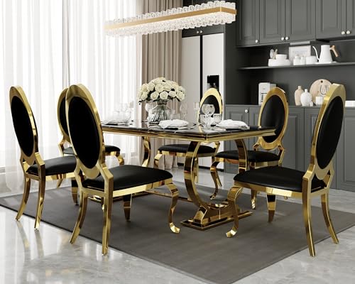 AUZ 7 Pieces Dining Table Set, Luxurious Gold Dining Table Set for 6, 72-inch Dining Table Set with 6 Black and Gold Dining Chairs